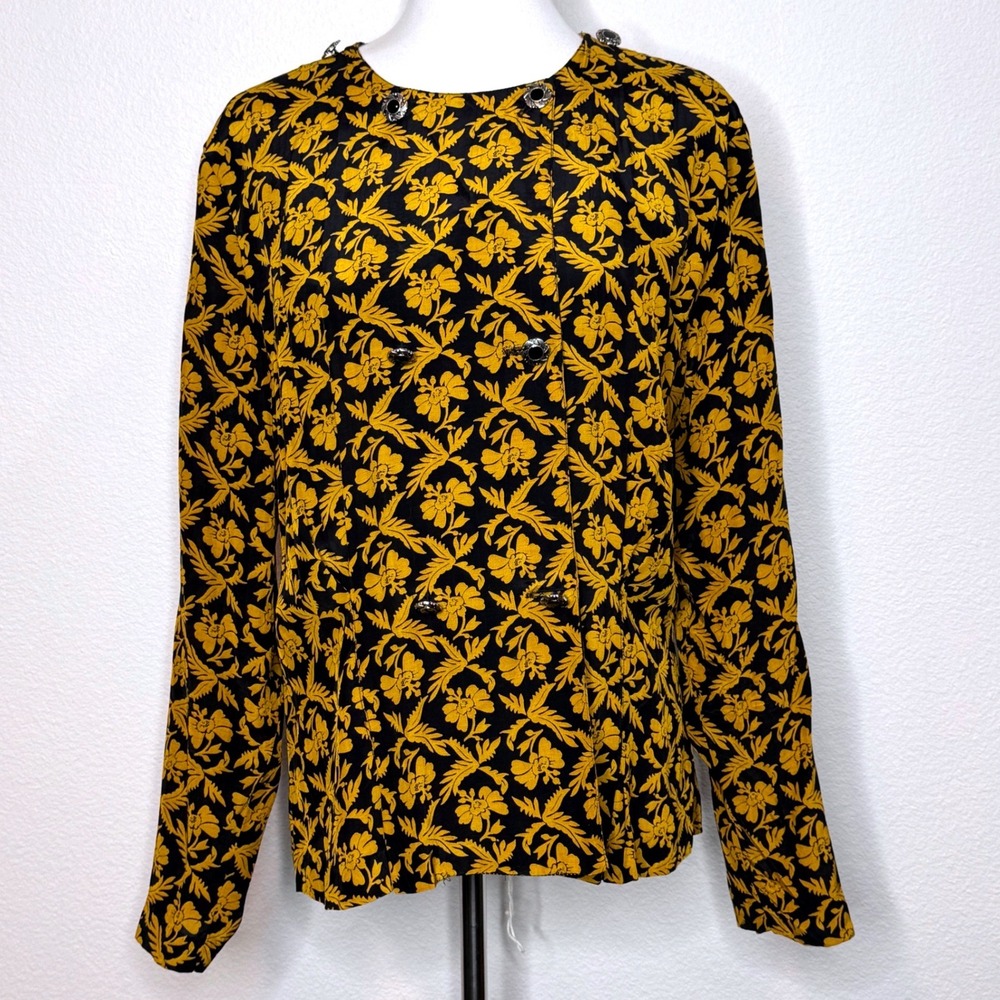CAROLE LITTLE VTG Blouse Top 14 Double Breasted Black Gold Floral Peplum LS